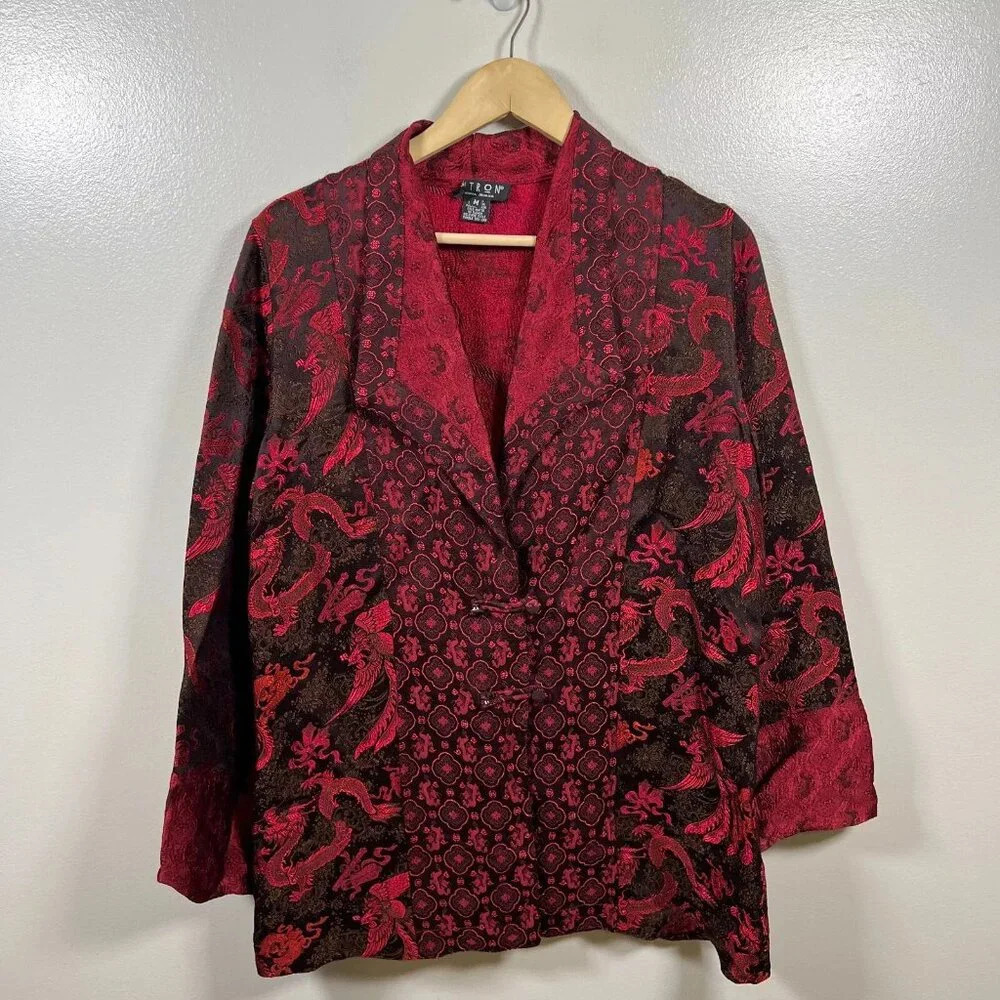 Citron Santa Monica Kimono Jacket Size Medium Silk Blend Red Dragon Asian Motif